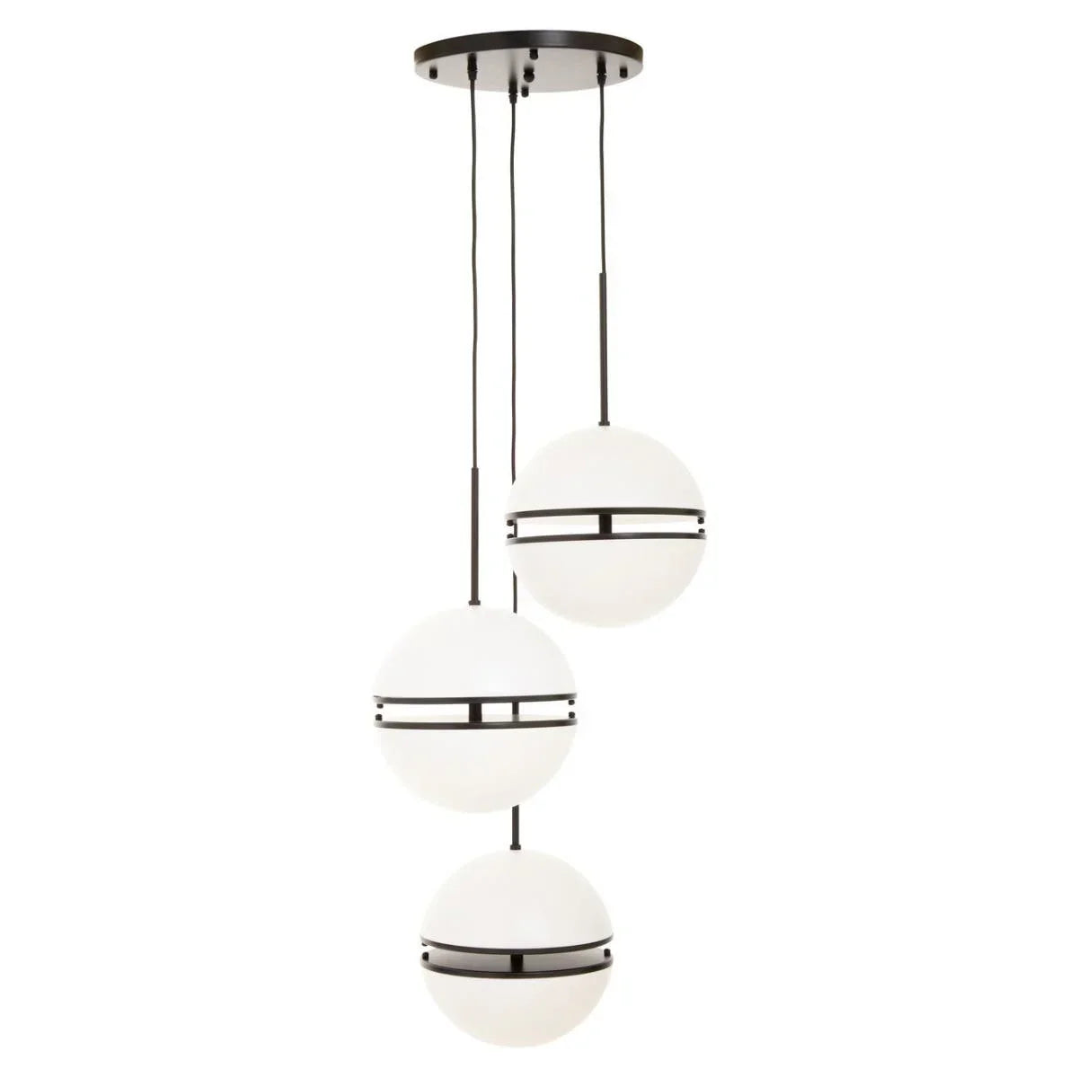 Three globe pendant light with black metal accents and round ceiling plate