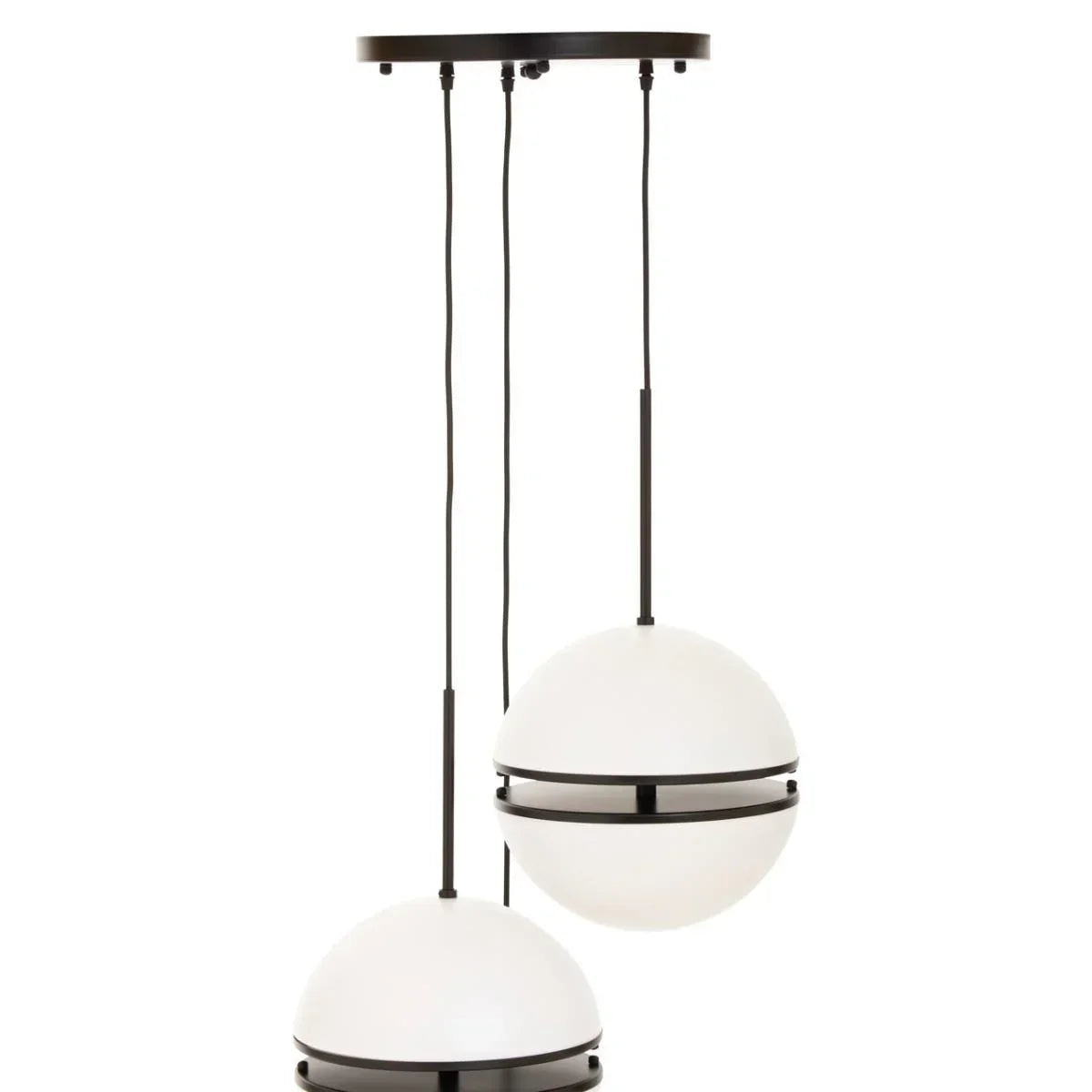 Modern pendant ceiling light with two white glass globe shades and black fittings