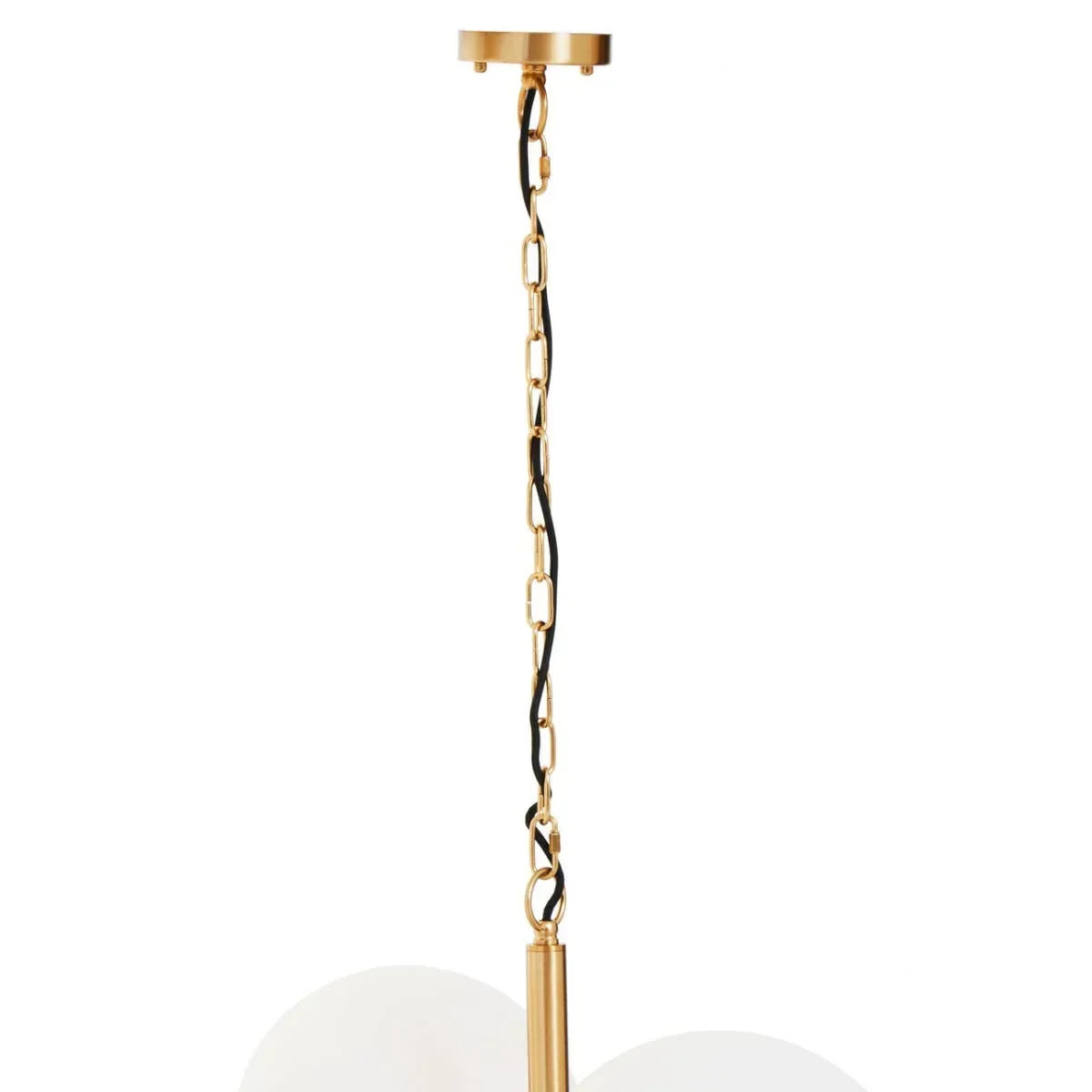 Gold pendant light chain with black cord and ceiling mount, closeup vertical view