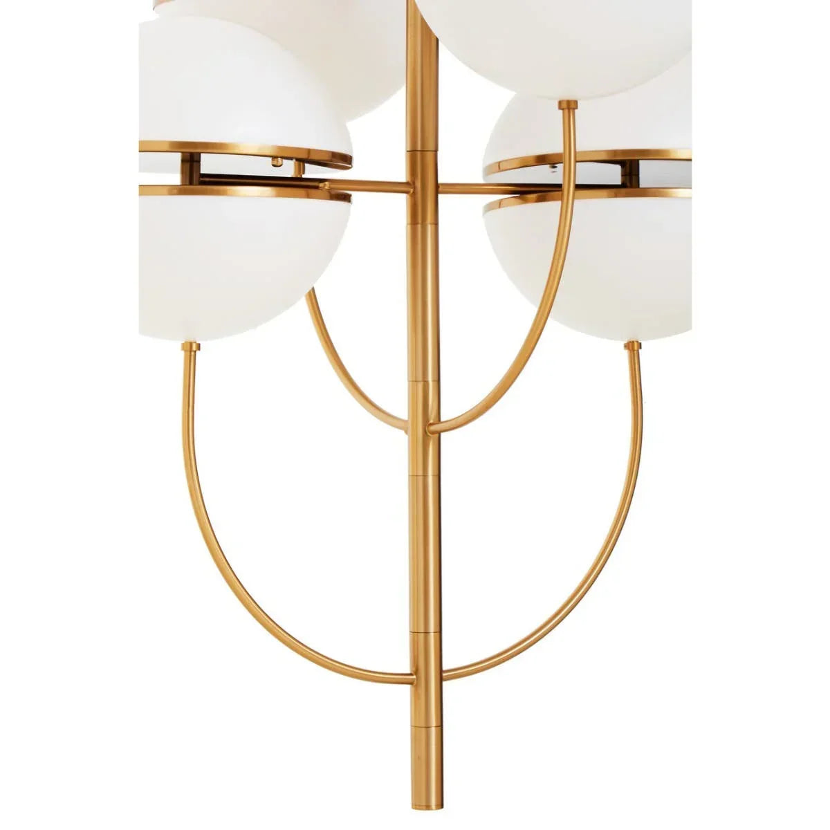 Modern brass chandelier with white glass globe lights and curved metal arms