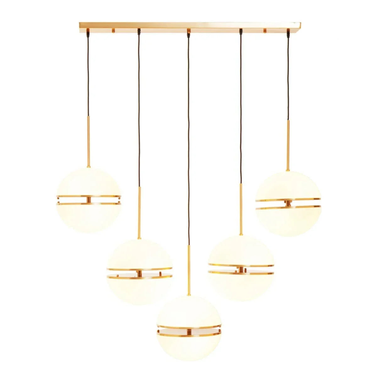 Modern globe pendant light with gold accents and five hanging frosted glass spheres