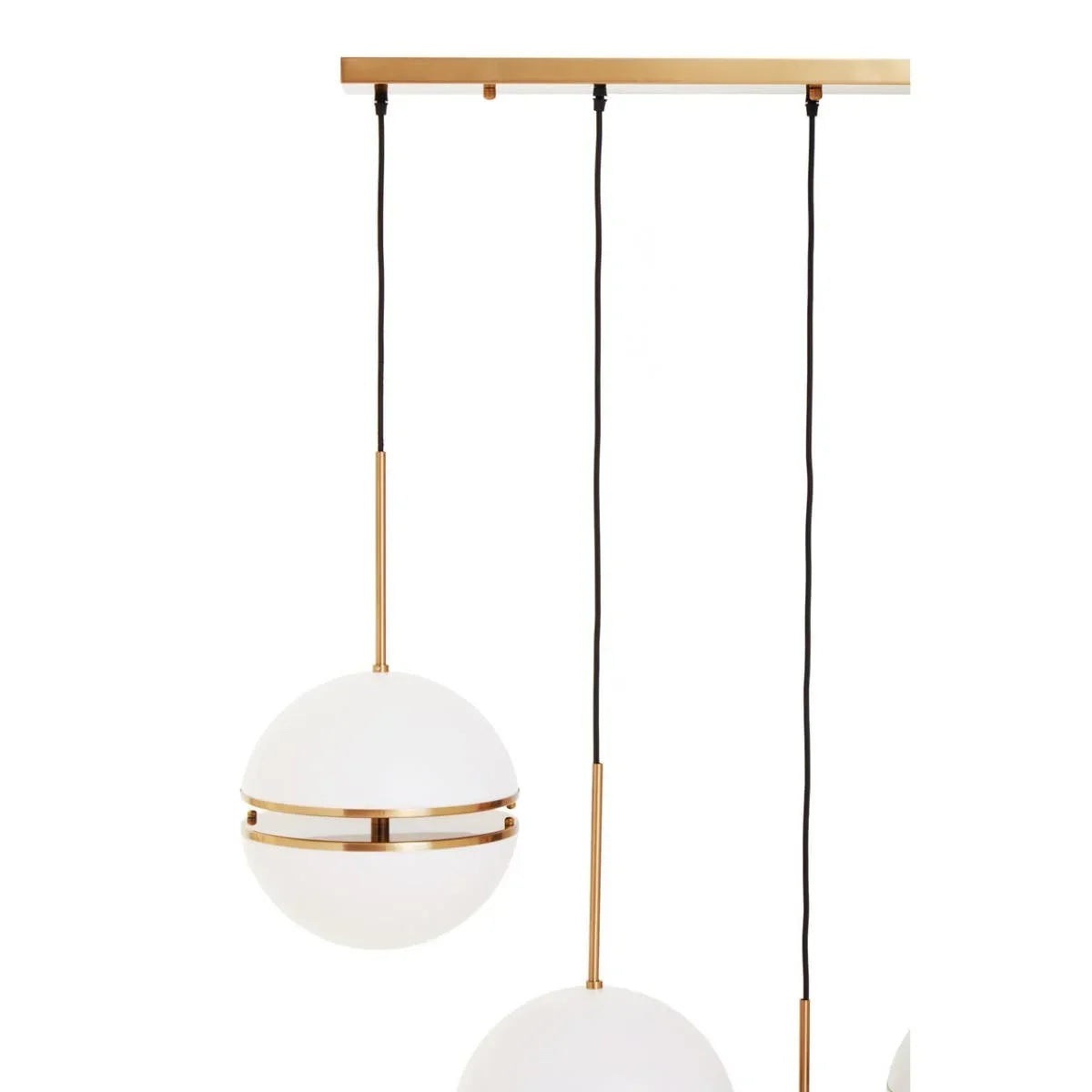 Modern pendant ceiling light with white glass globes and gold metal fittings