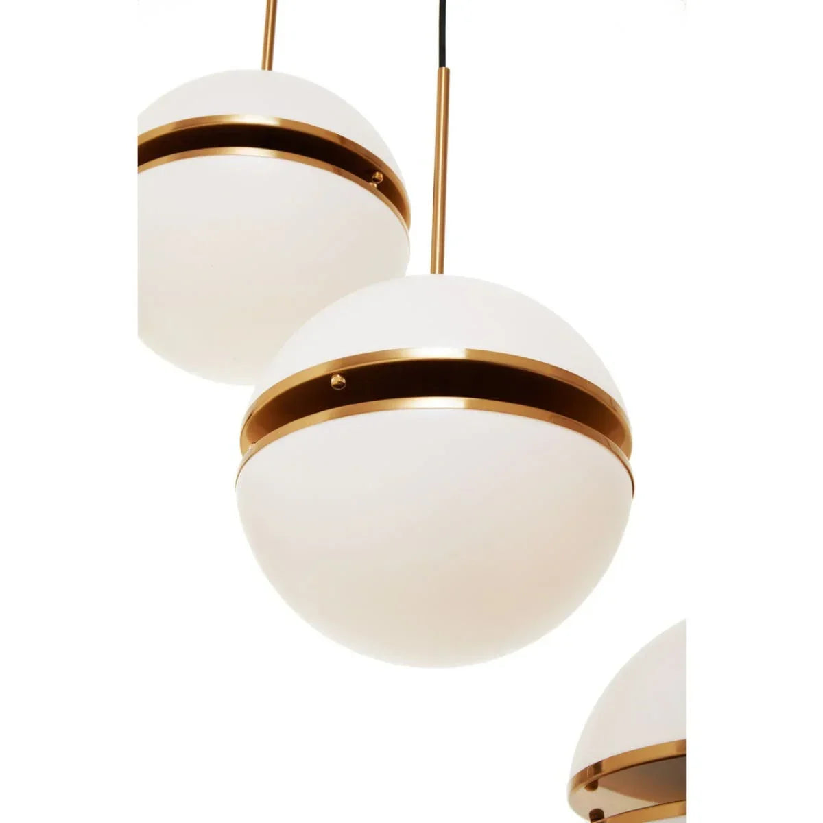 White globe pendant light with gold accent trim and rod detail