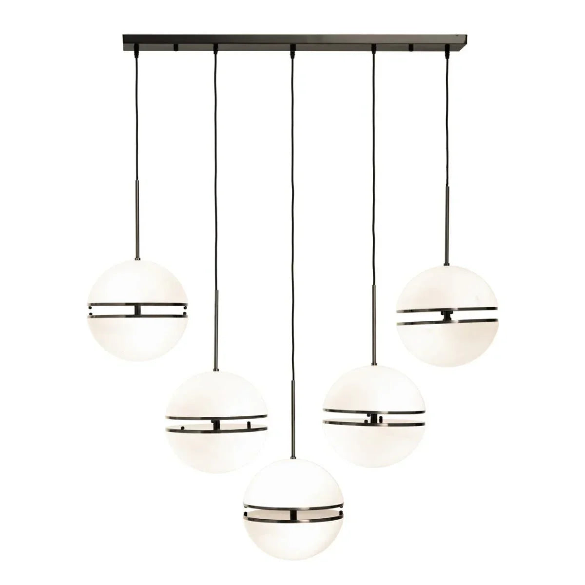 Modern pendant light with five white glass globe shades and black metal accents