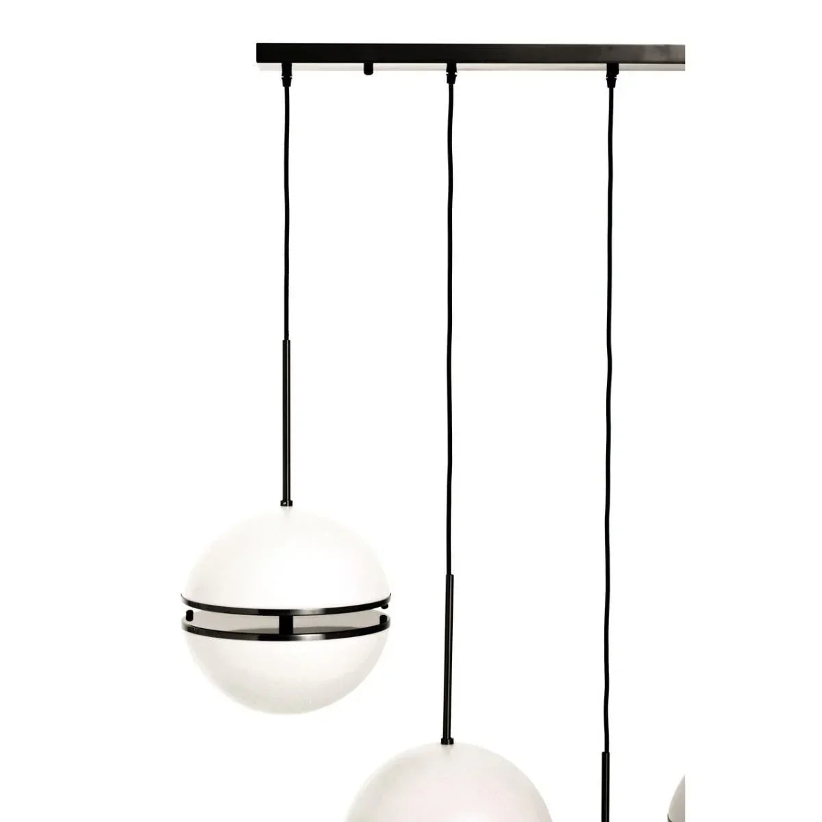 Modern pendant light with white glass globe and black metal rod hanging from ceiling