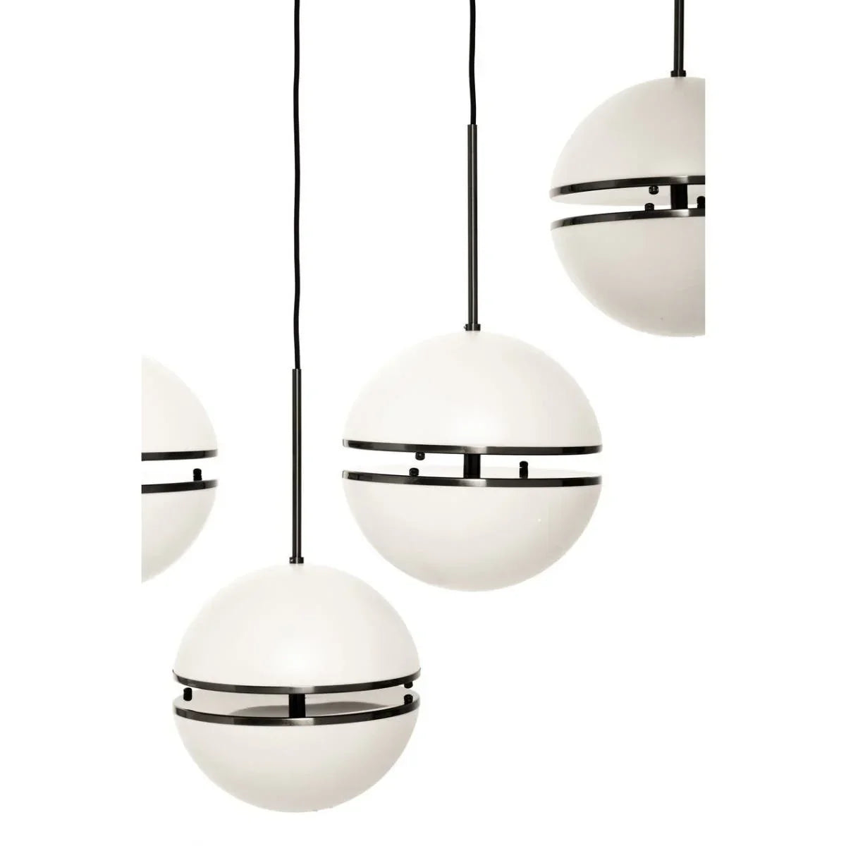 Modern white globe pendant light with black accents and suspended cord, close-up view