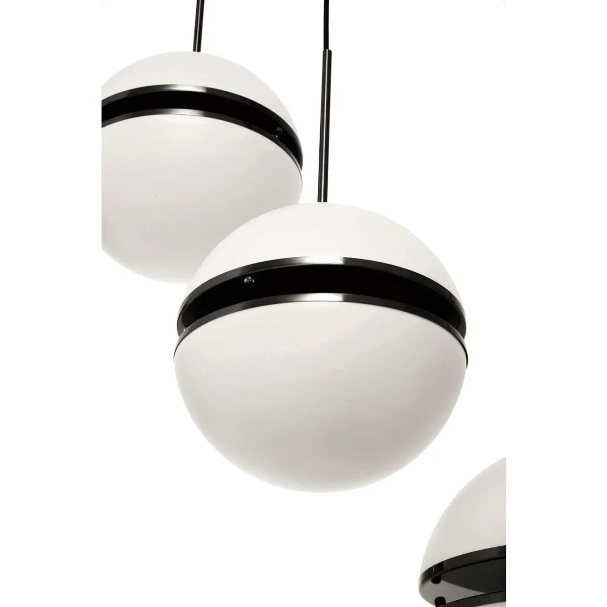 Modern pendant ceiling light with round white shade and black metal accent band