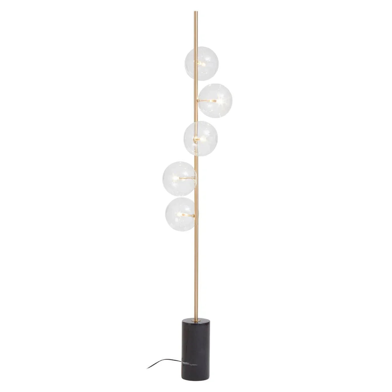 Modern floor lamp with gold pole, black base, and five clear globe glass shades