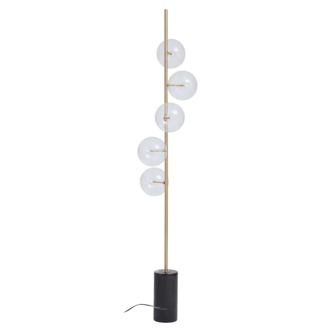 Modern floor lamp with gold pole, black base and five clear glass globe shades