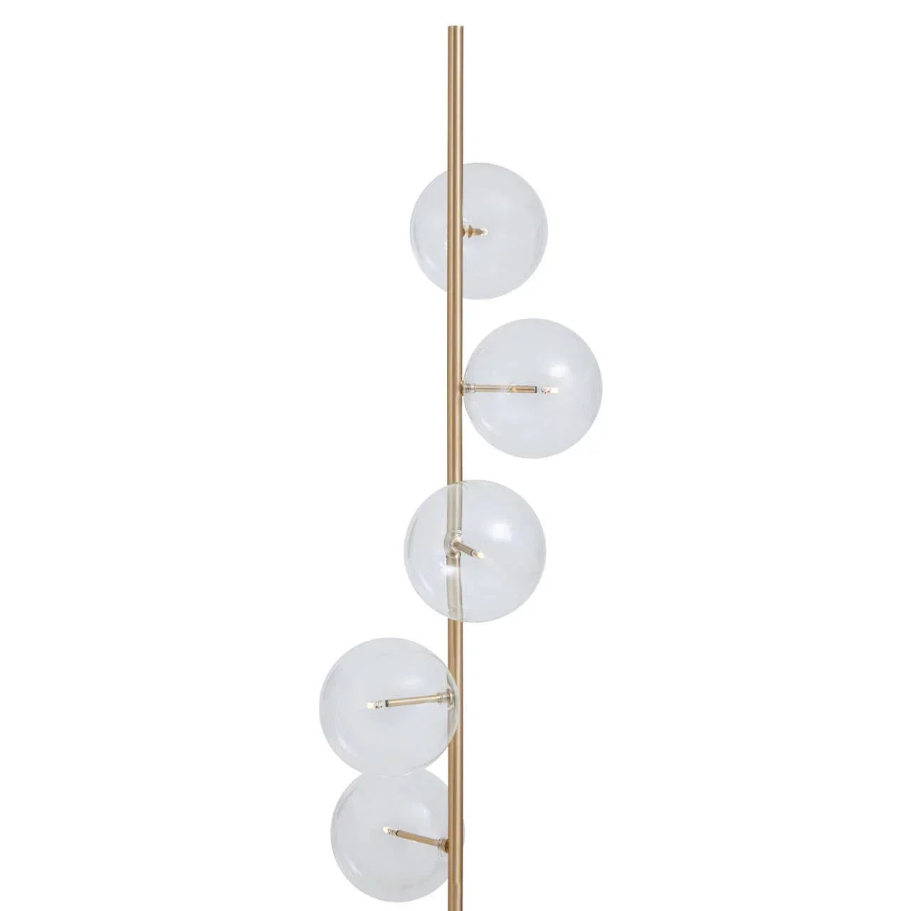 Gold floor lamp with four clear glass globe lights on slender vertical pole