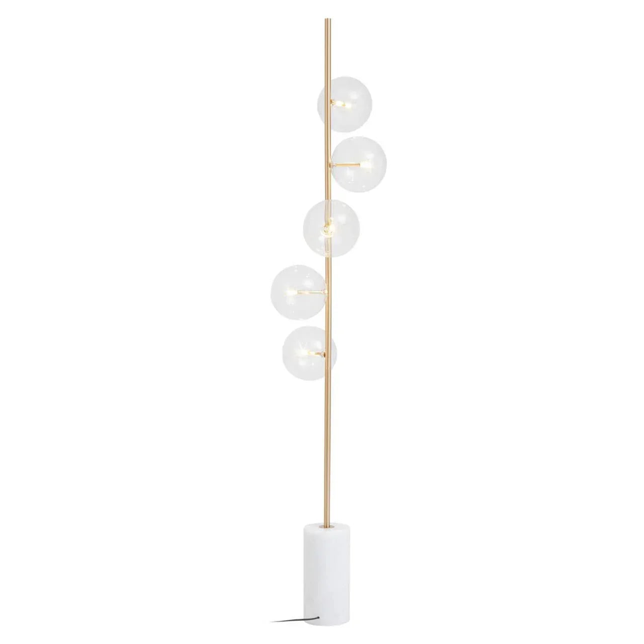 Modern floor lamp with gold metal pole, four glass globes, and white marble base