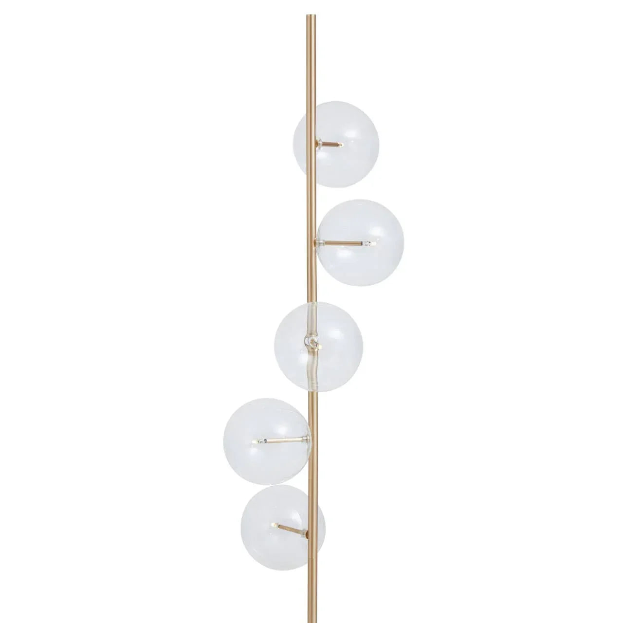 Gold floor lamp with five clear glass globe shades on vertical pole