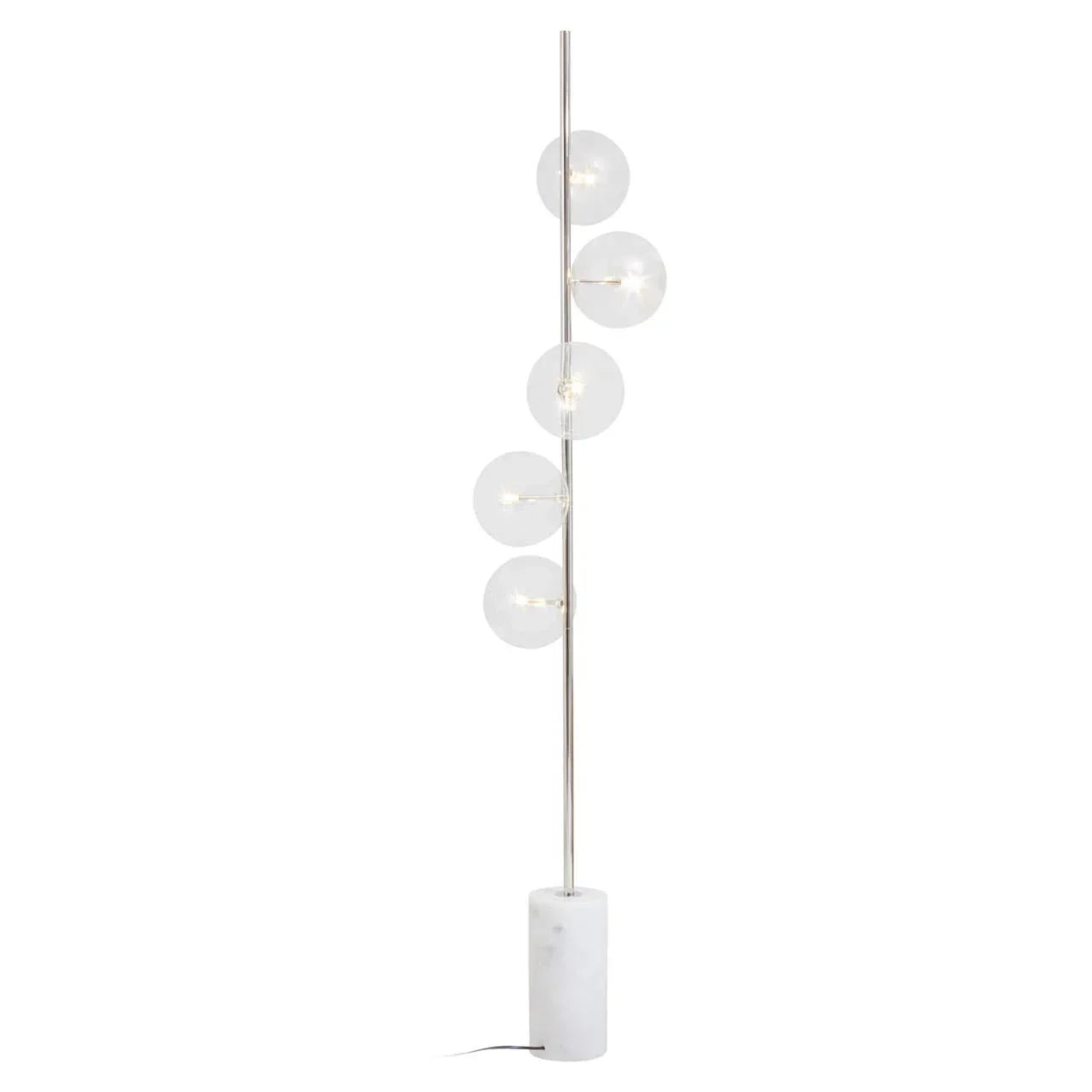 Modern floor lamp with five glass globe lights and marble base