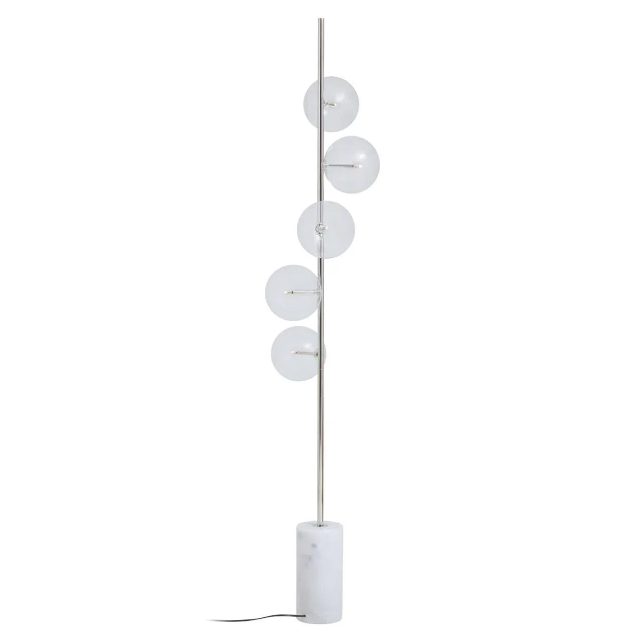 Modern floor lamp with five glass globe shades and marble base