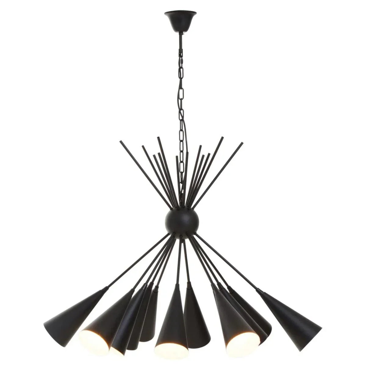Black metal sputnik chandelier with cone shades and exposed bulbs, hanging from ceiling