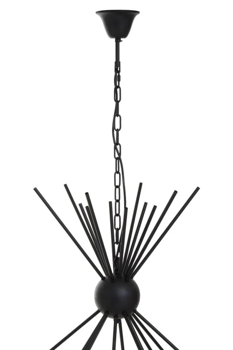 Black metal pendant light with modern sputnik design and central sphere detail