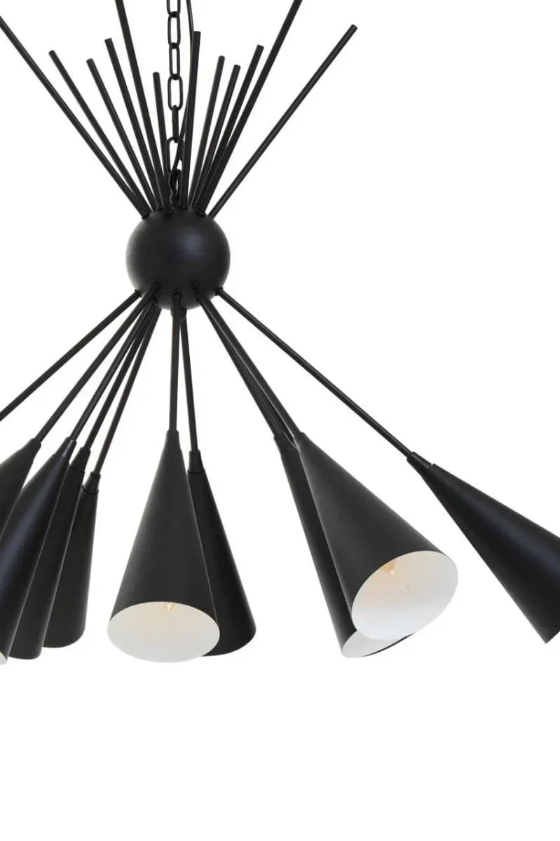 Black metal pendant light with multiple cone shades and modern sputnik design, close-up view