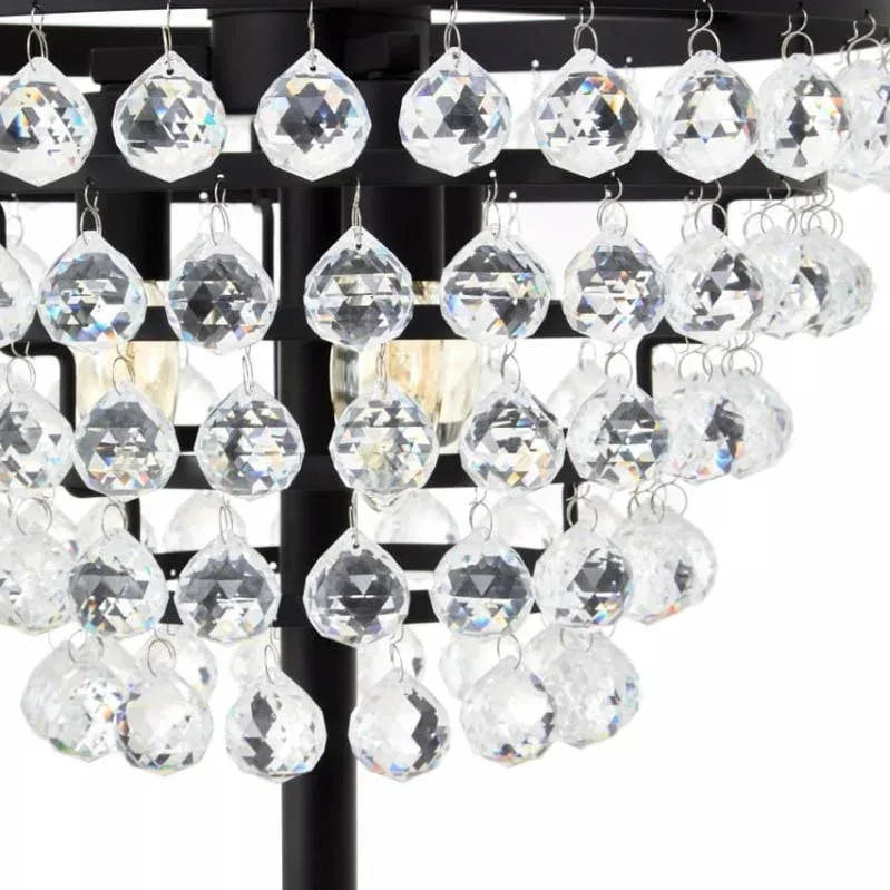 Black floor lamp with hanging crystal droplets and modern frame