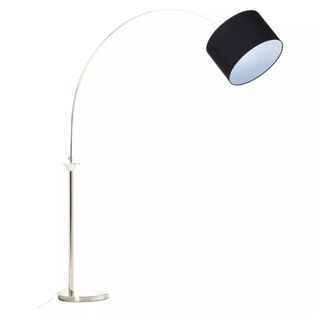 Modern arc floor lamp with black drum shade and chrome base