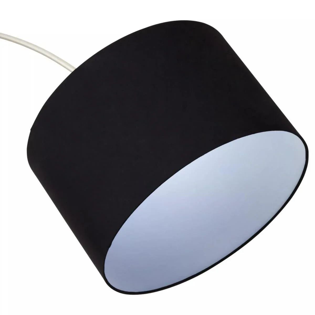 Black drum lampshade with white inner lining, angled view of hanging light shade