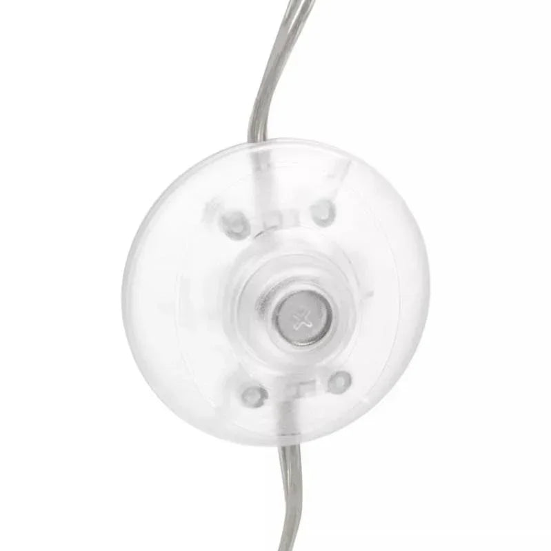 Close-up of transparent inline switch on a silver electrical cord