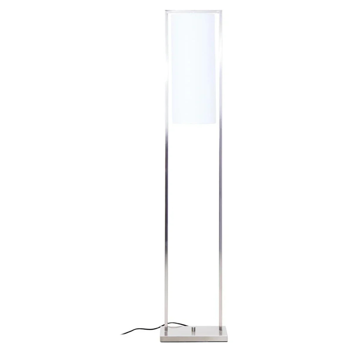 Modern floor lamp with rectangular chrome frame and white fabric shade on square base