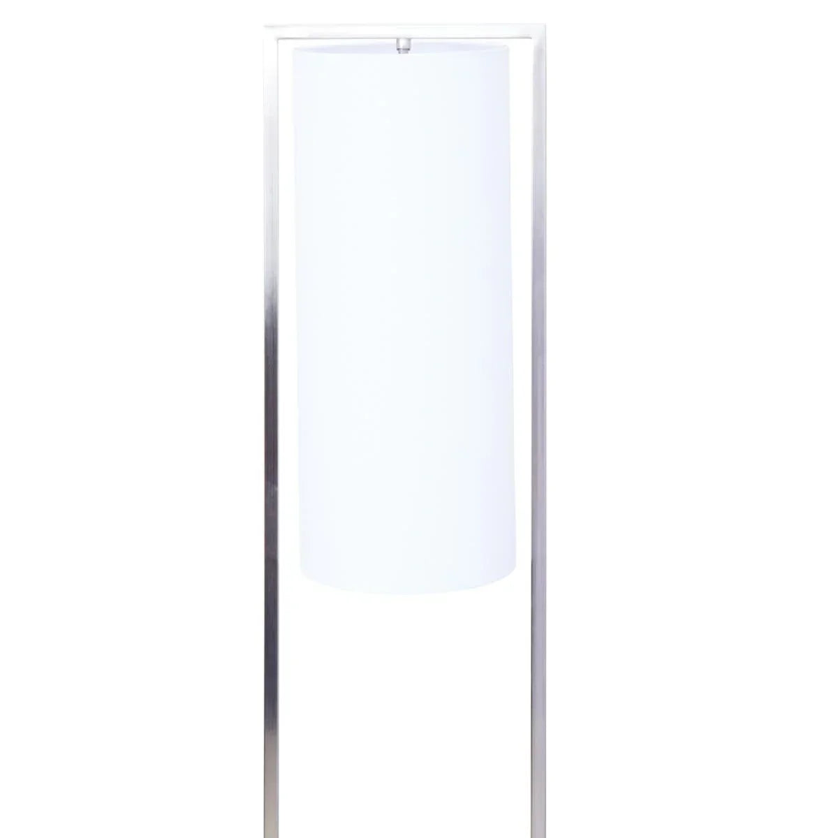 Contemporary floor lamp with white cylindrical shade and metal rectangular frame