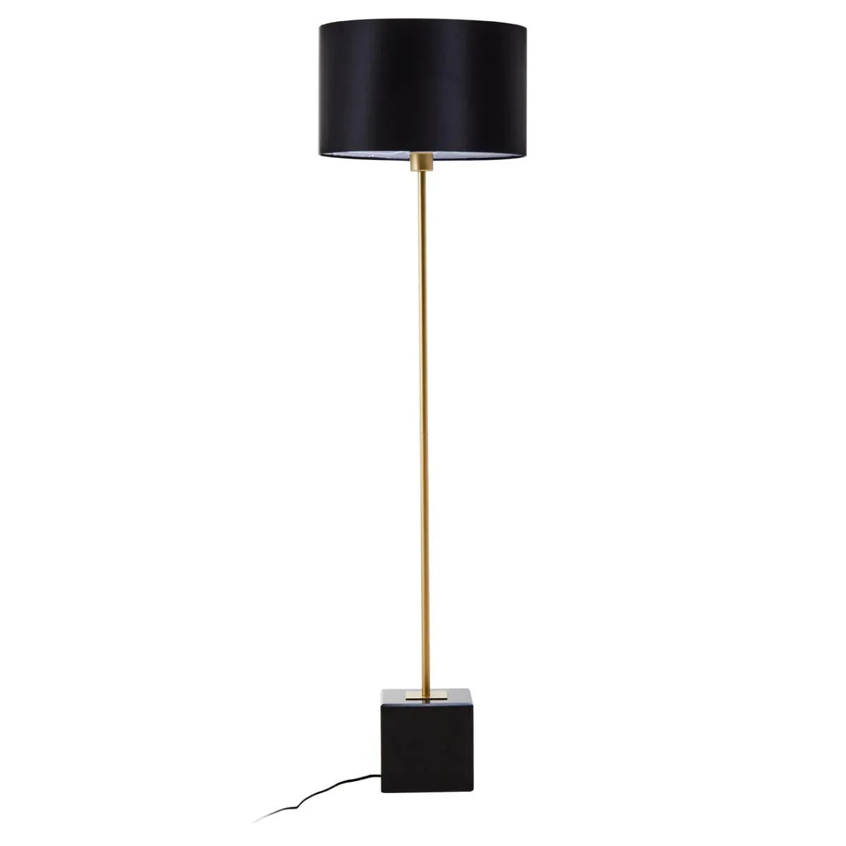 Black floor lamp with gold stand and black cube base on white background