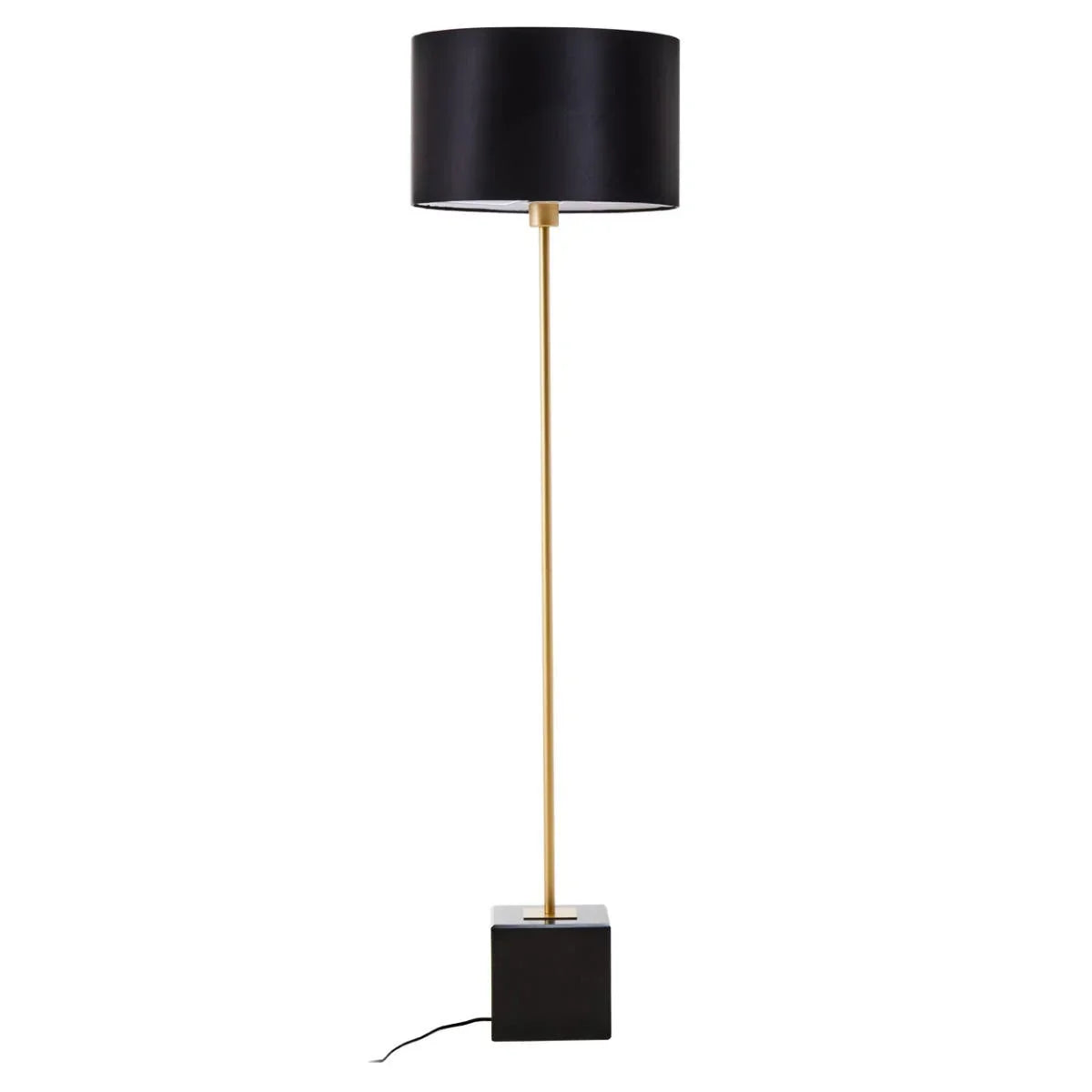 modern floor lamp with black drum shade, gold stand, and square black base