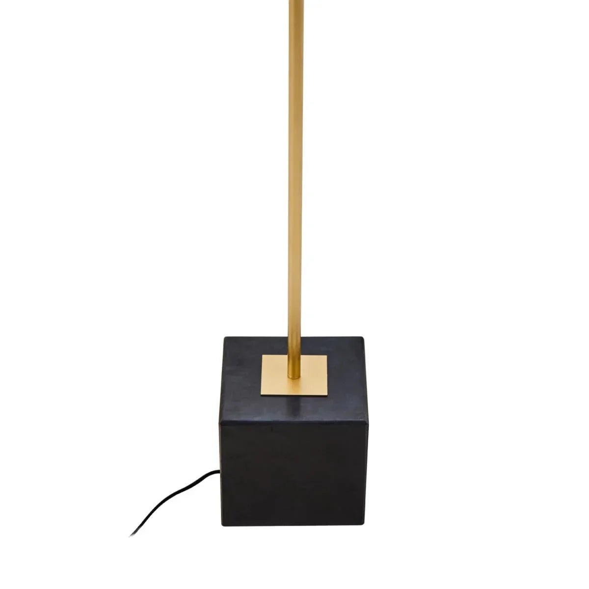 Modern floor lamp with gold pole and black cube base on white background