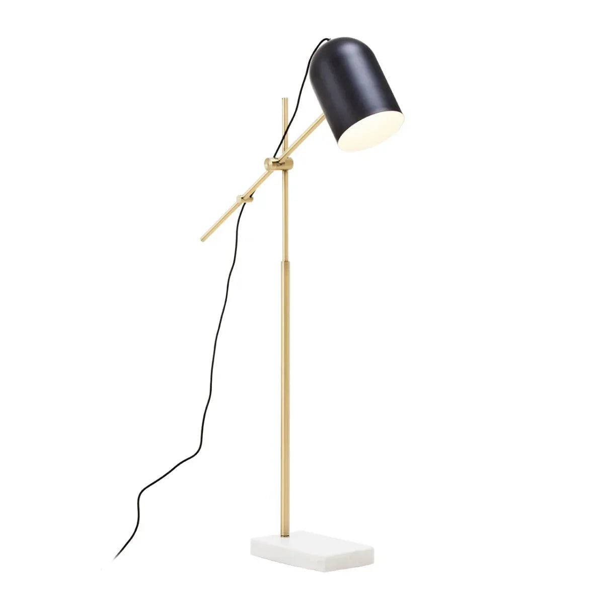 Black and gold desk lamp with adjustable arm and white marble base