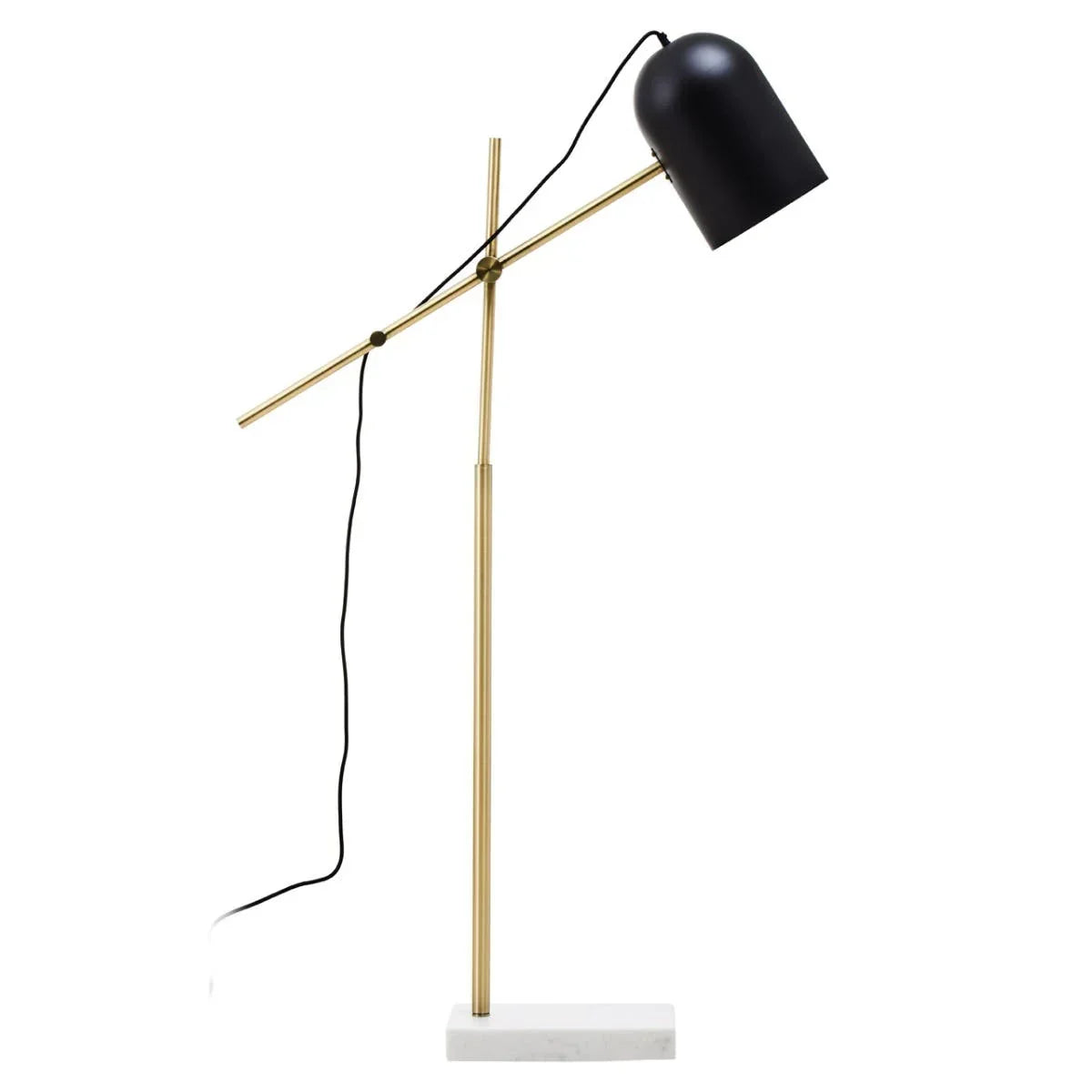 Modern table lamp with black metal shade, gold stand, and rectangular white marble base