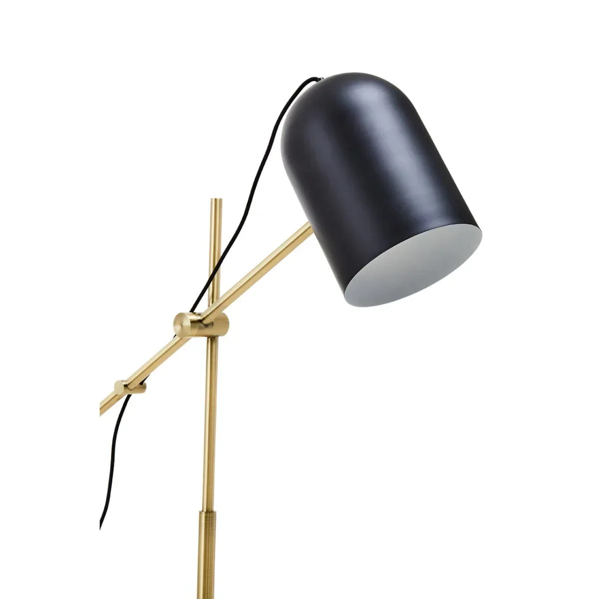 Modern gold floor lamp with adjustable black metal shade and exposed cord