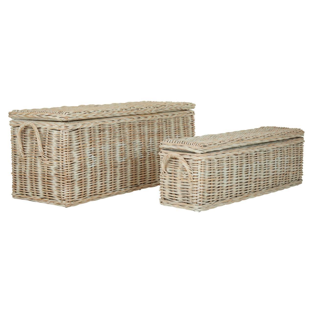 Rectangular wicker storage baskets with lids and side handles, shown in two different sizes