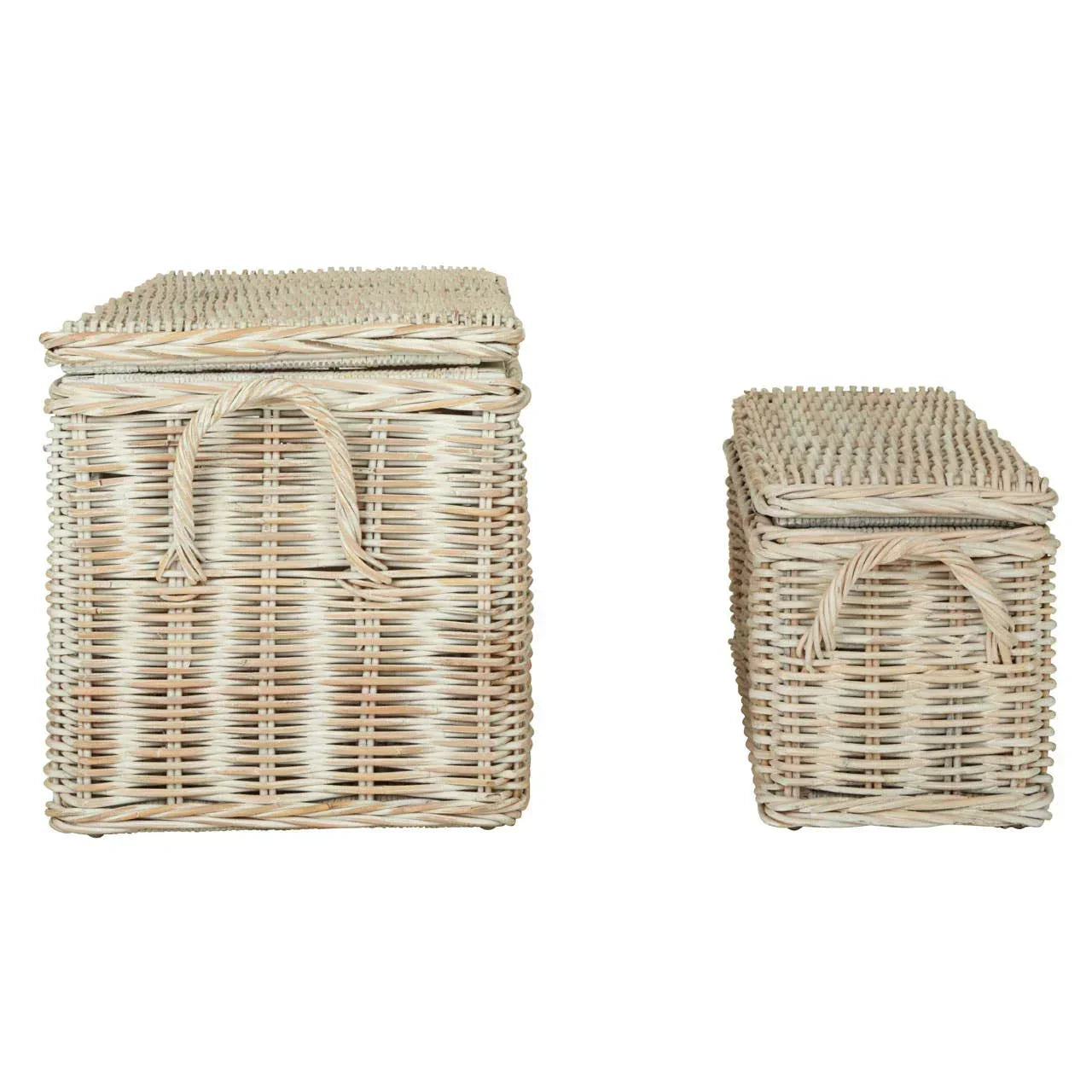 Set of two natural wicker storage baskets with lids and tie closures