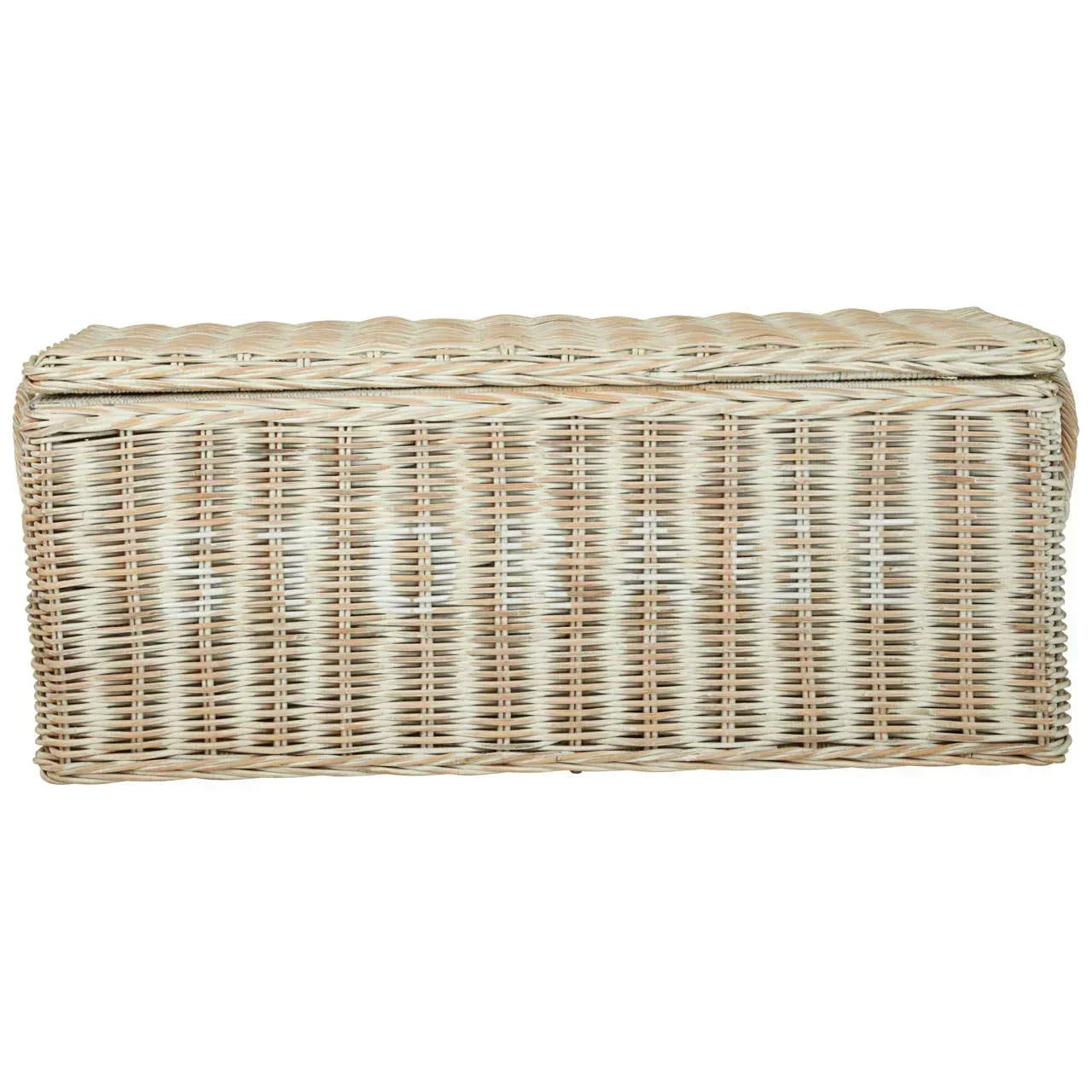 Rectangular wicker storage trunk with hinged lid in natural finish