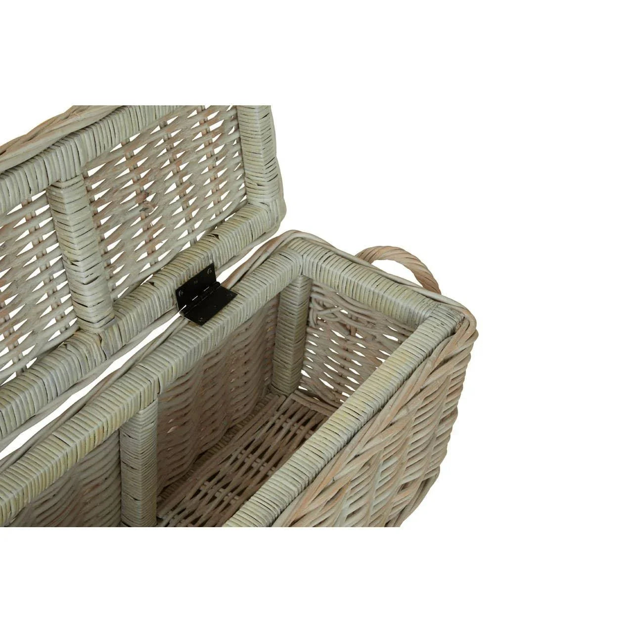 Wicker storage basket with hinged lid and handles, natural rattan finish, interior view
