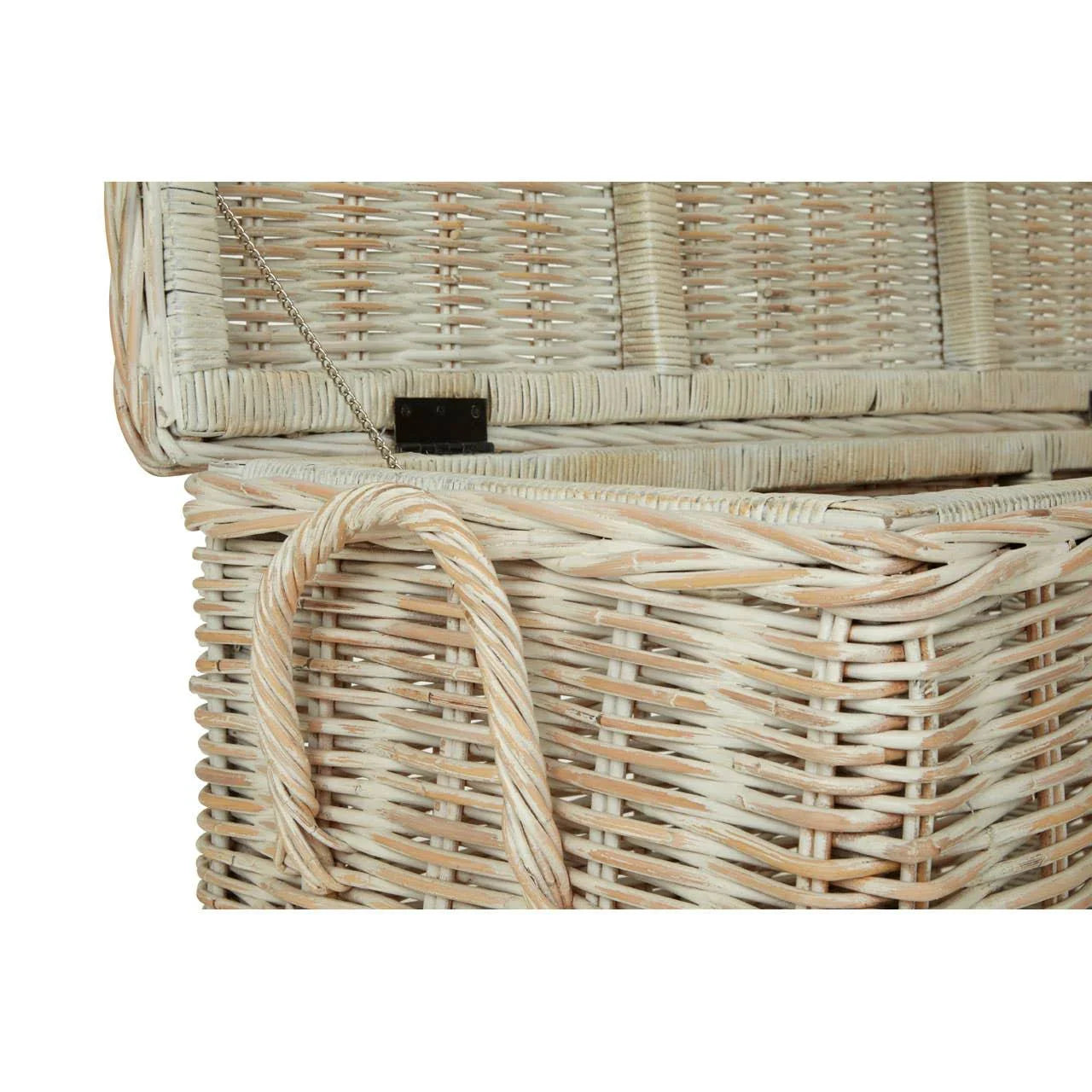 Close up of wicker storage basket with lid and rope handle detail