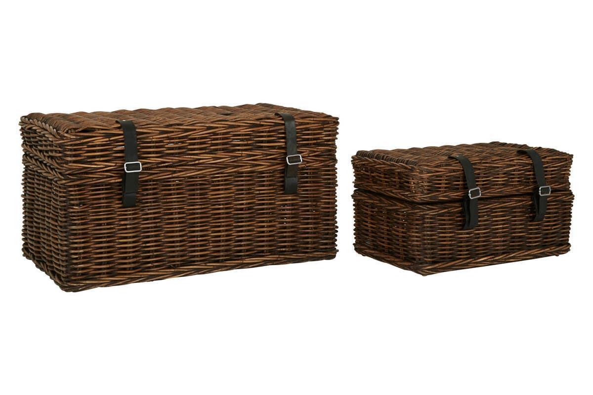 Set of two brown wicker storage baskets with black faux leather buckle straps