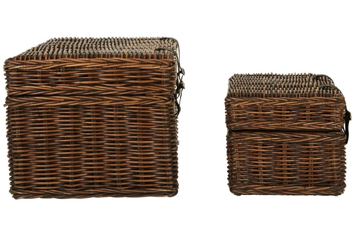 Set of two brown wicker storage baskets with hinged lids and side handles