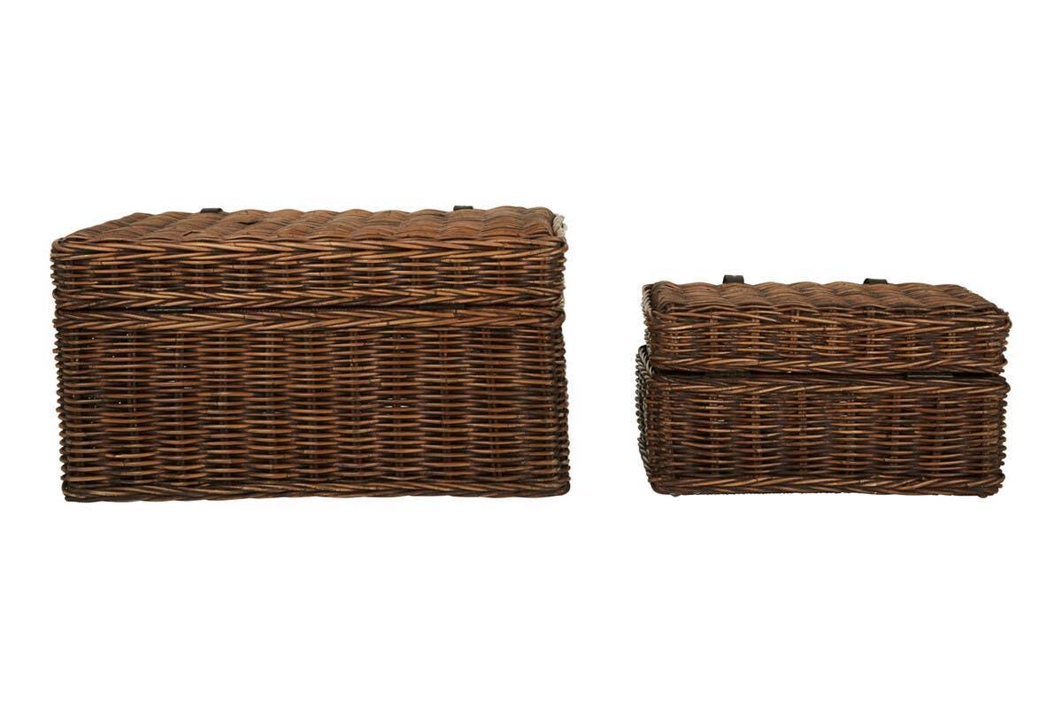 Set of two brown wicker storage trunks with lids, rectangular and side by side