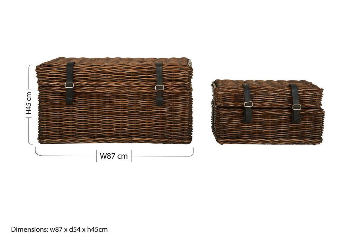 Brown wicker storage chest with leather straps, 87cm width and 45cm height, side by side view