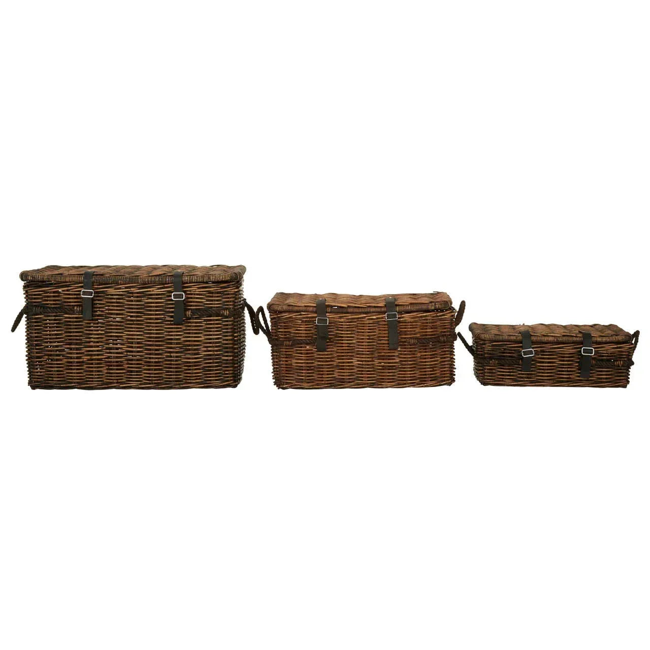 Set of three rectangular wicker storage baskets with lids and leather buckle straps