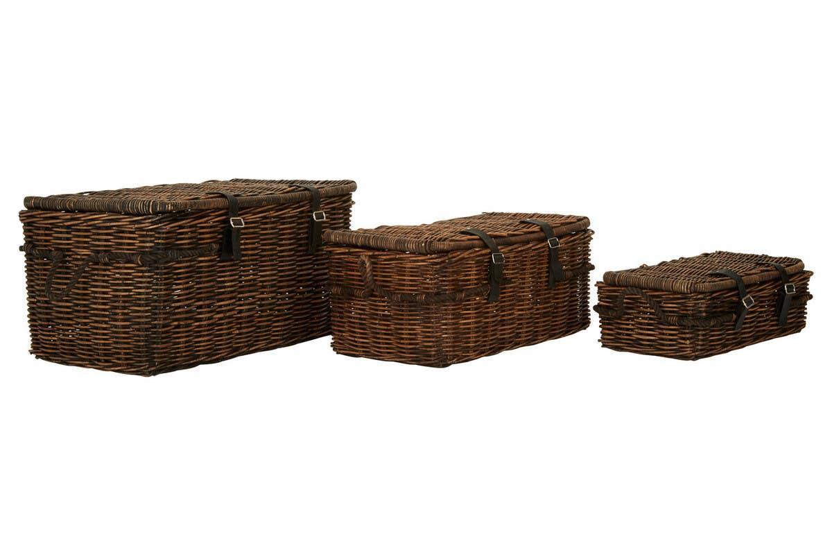 Set of three rectangular wicker storage baskets with lids and leather straps