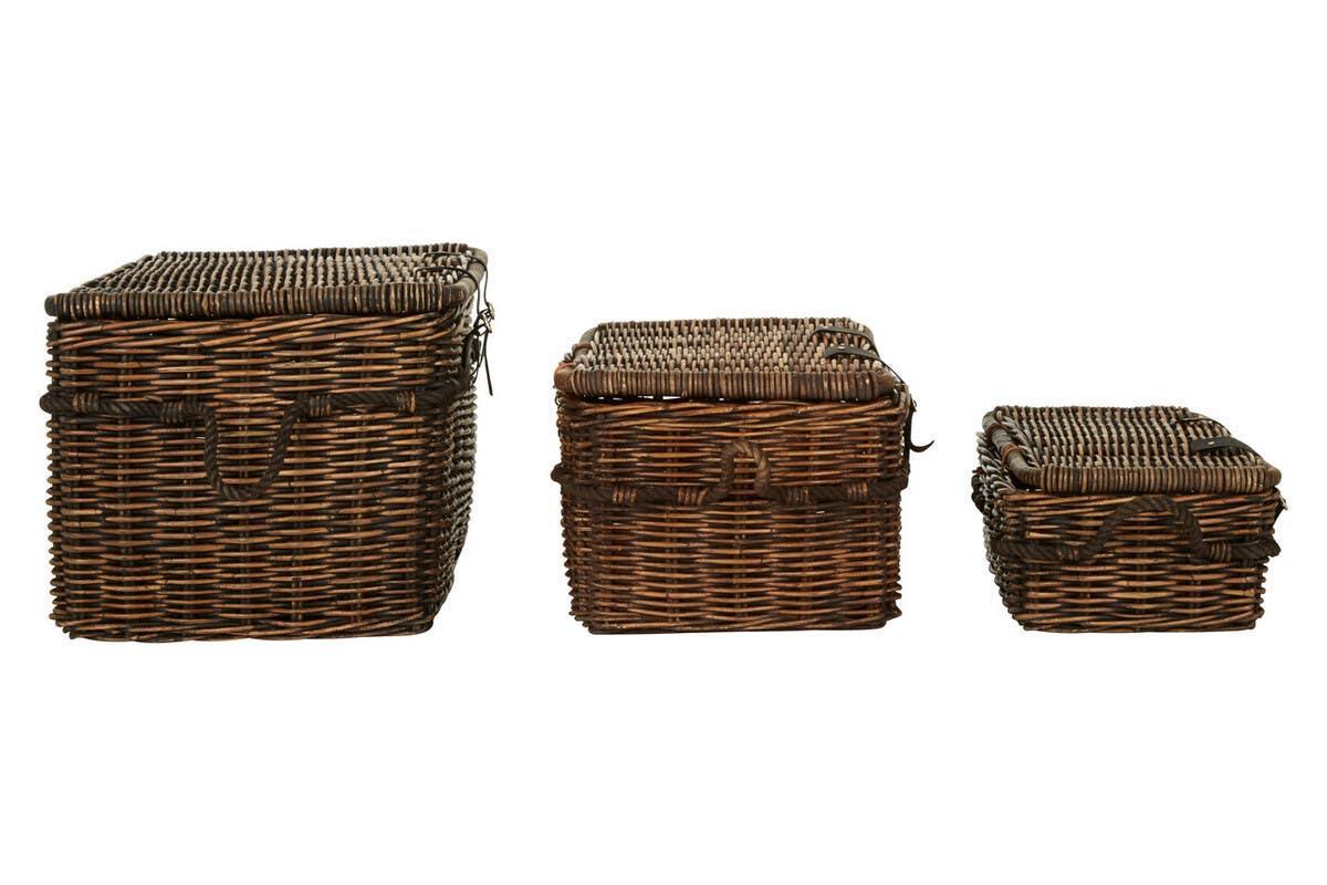 Set of three brown wicker storage baskets with lids and handles, displayed side by side