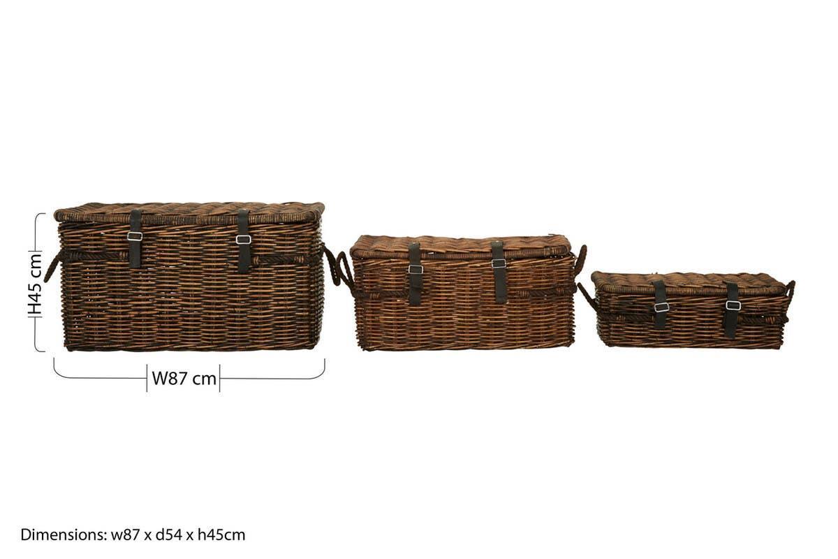 Set of three wicker storage baskets with lids, leather straps, and side handles in brown