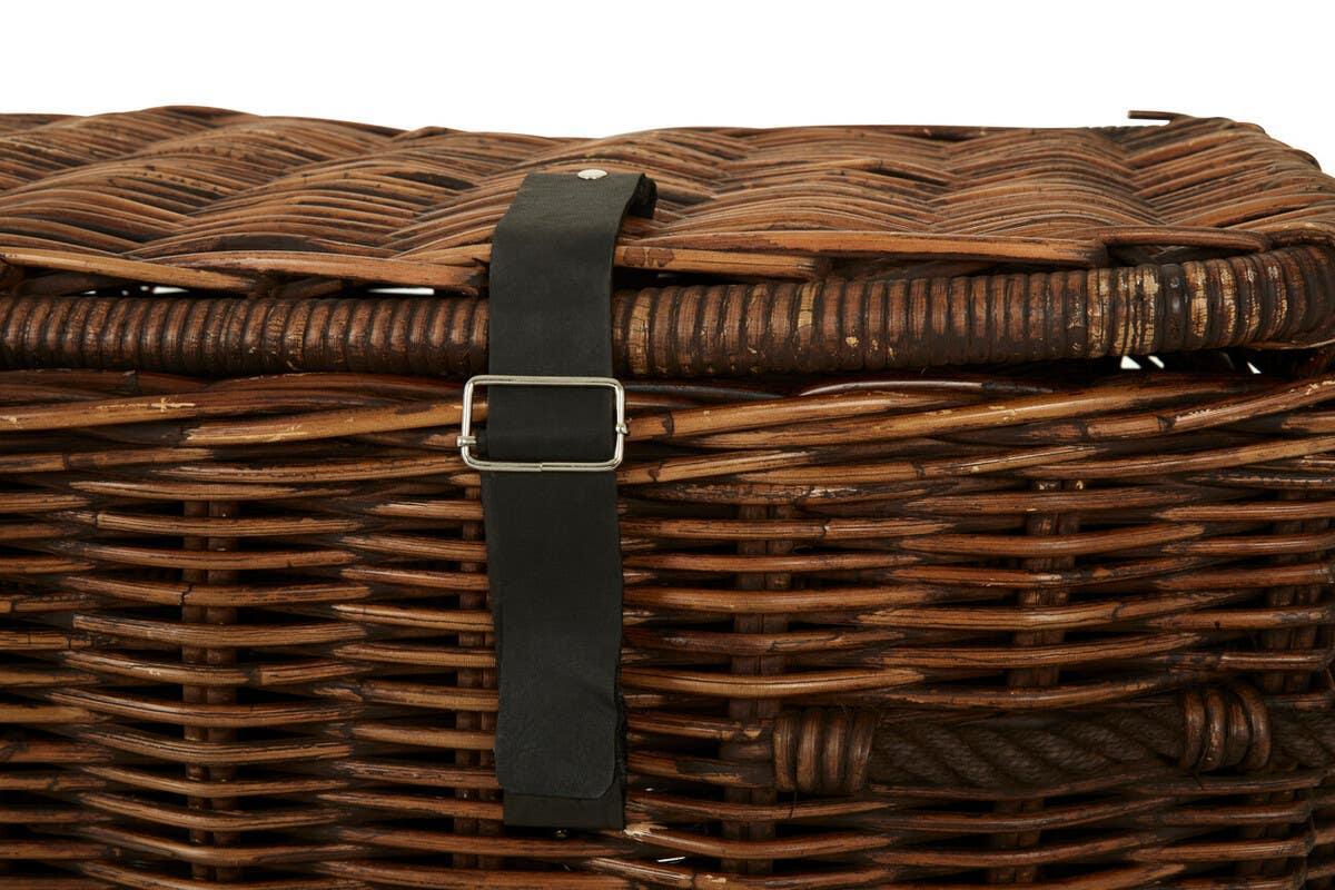 Wicker storage basket with black leather buckle detail and rope handle