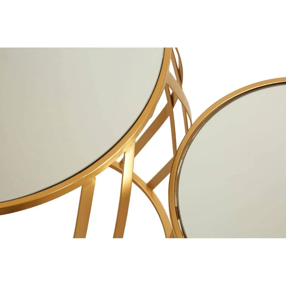 Round glass top side tables with gold metal frame, close-up of tabletop edges