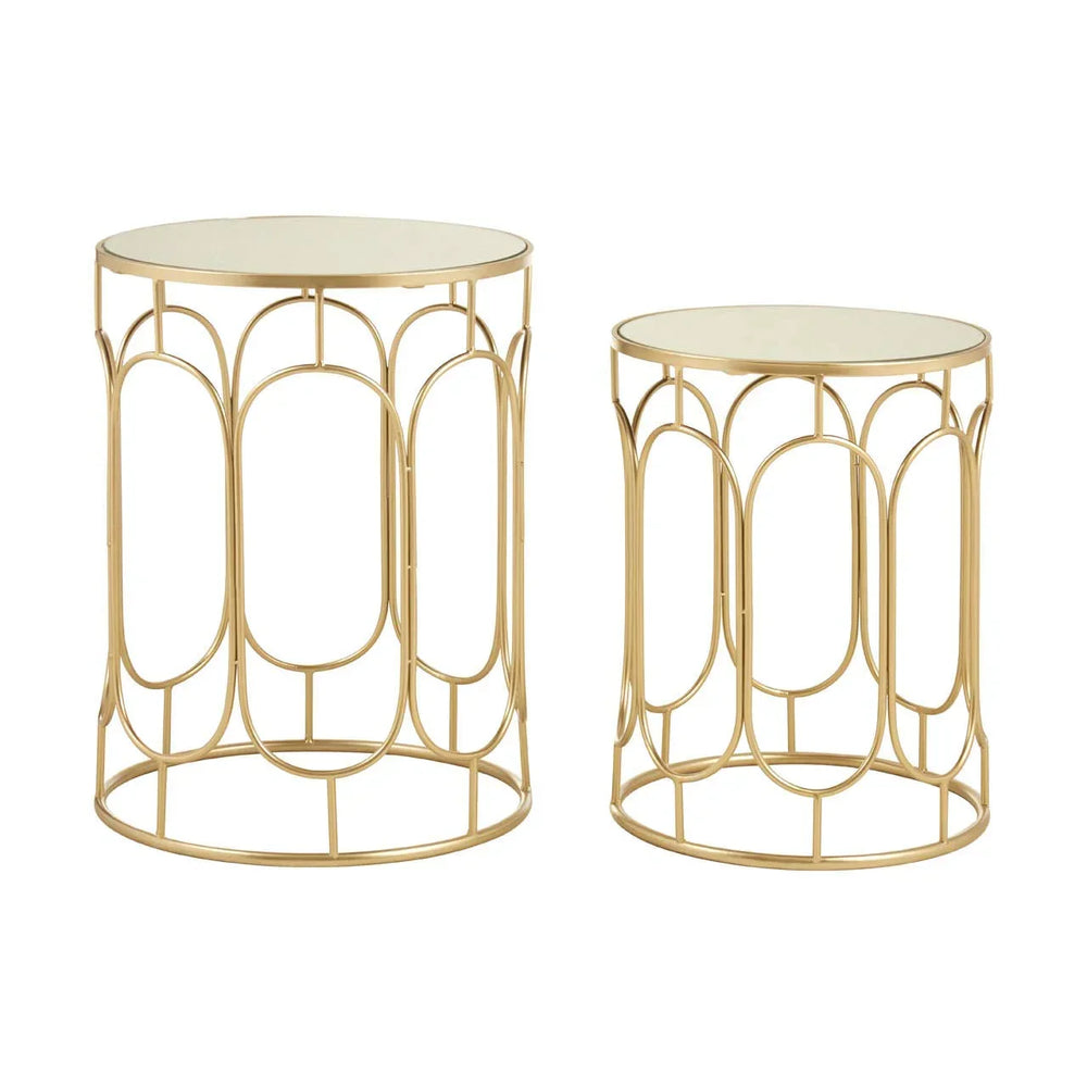 Set of two gold metal side tables with round mirrored tops and geometric frames
