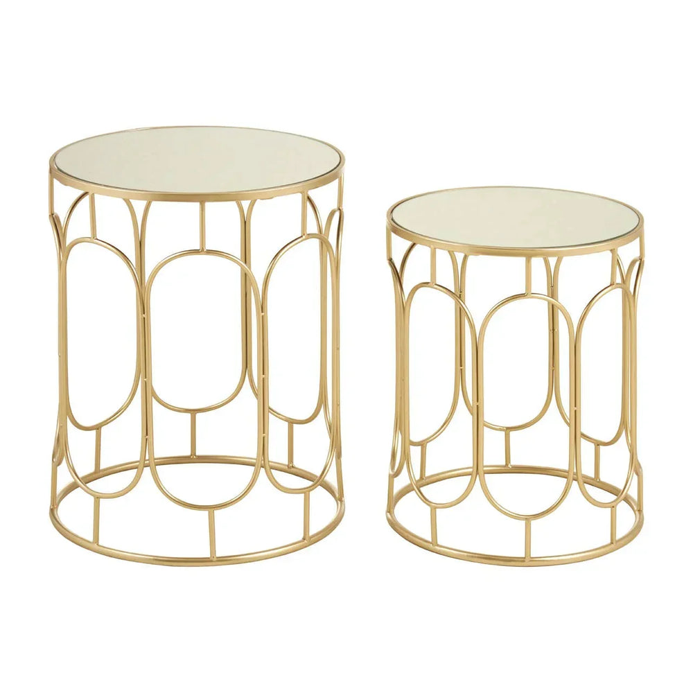 Gold metal nesting side tables with mirrored glass tops, set of two, modern design